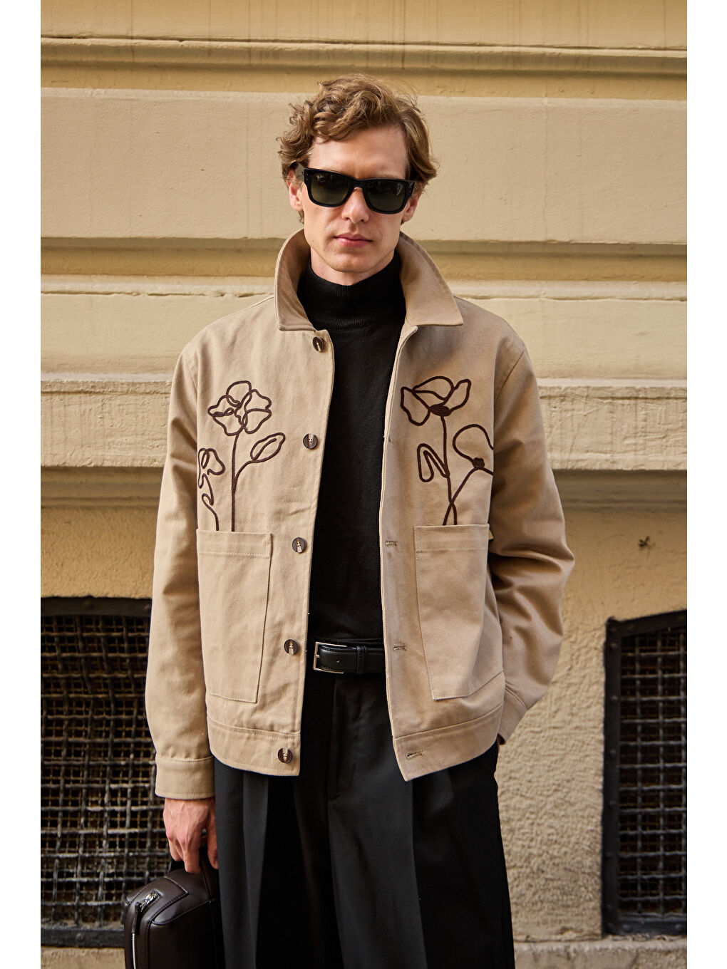 Erkek Çiçek Desenli Ceket Bej-3