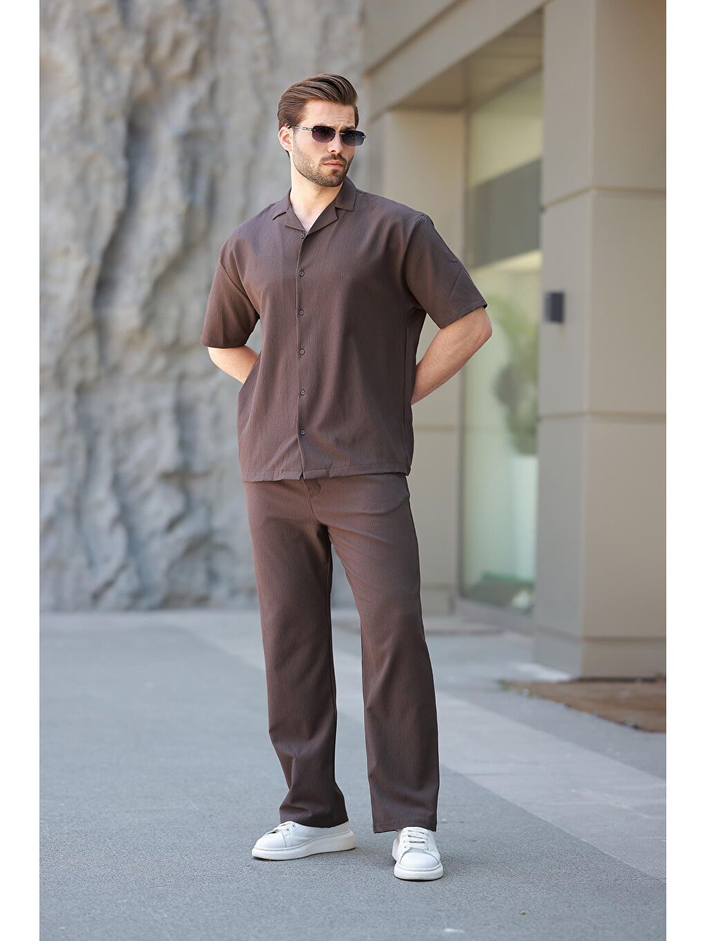 Kahverengi Basic Erkek Gömlek Takım E7320-2