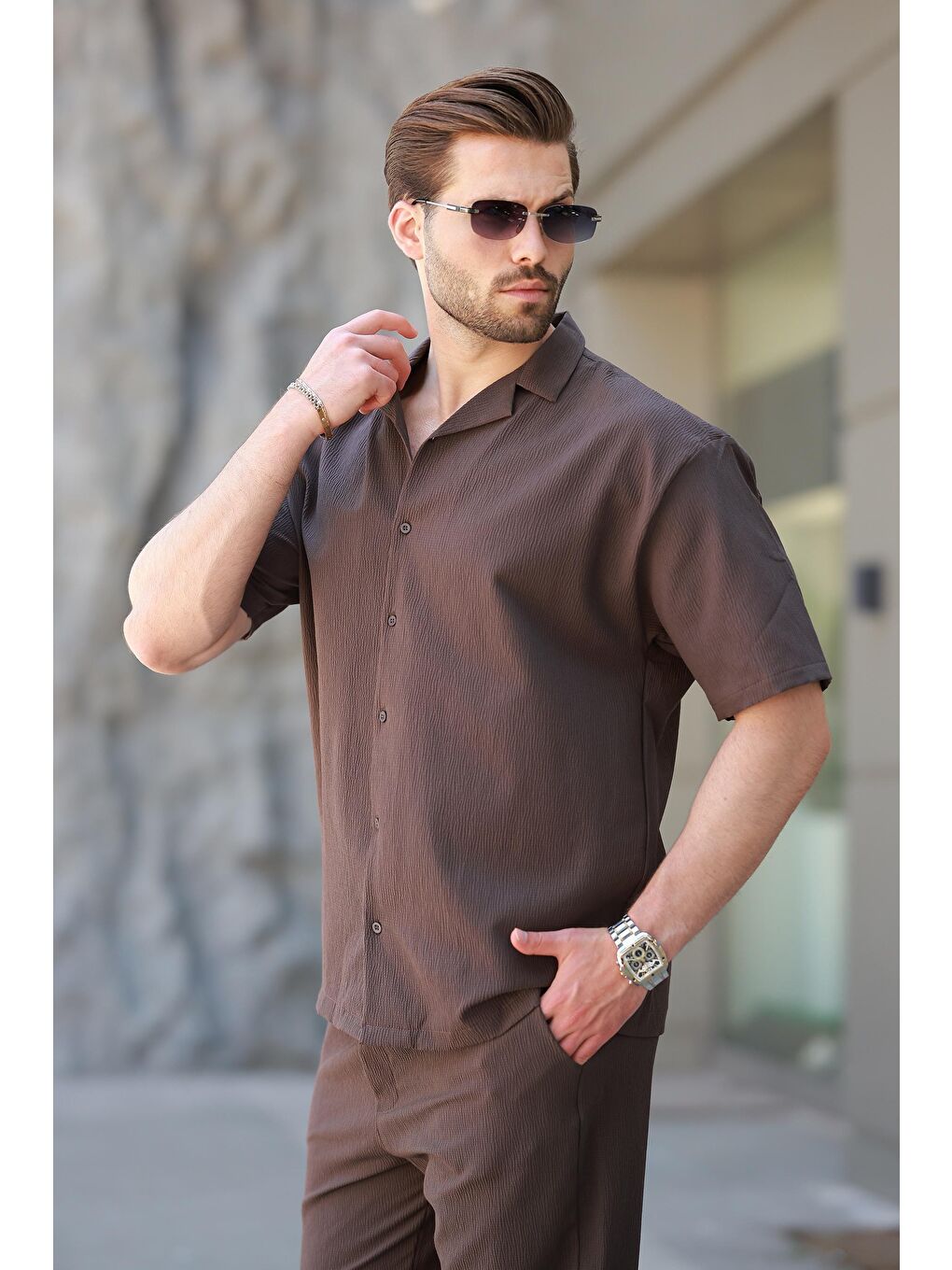 Kahverengi Basic Erkek Gömlek Takım E7320-3