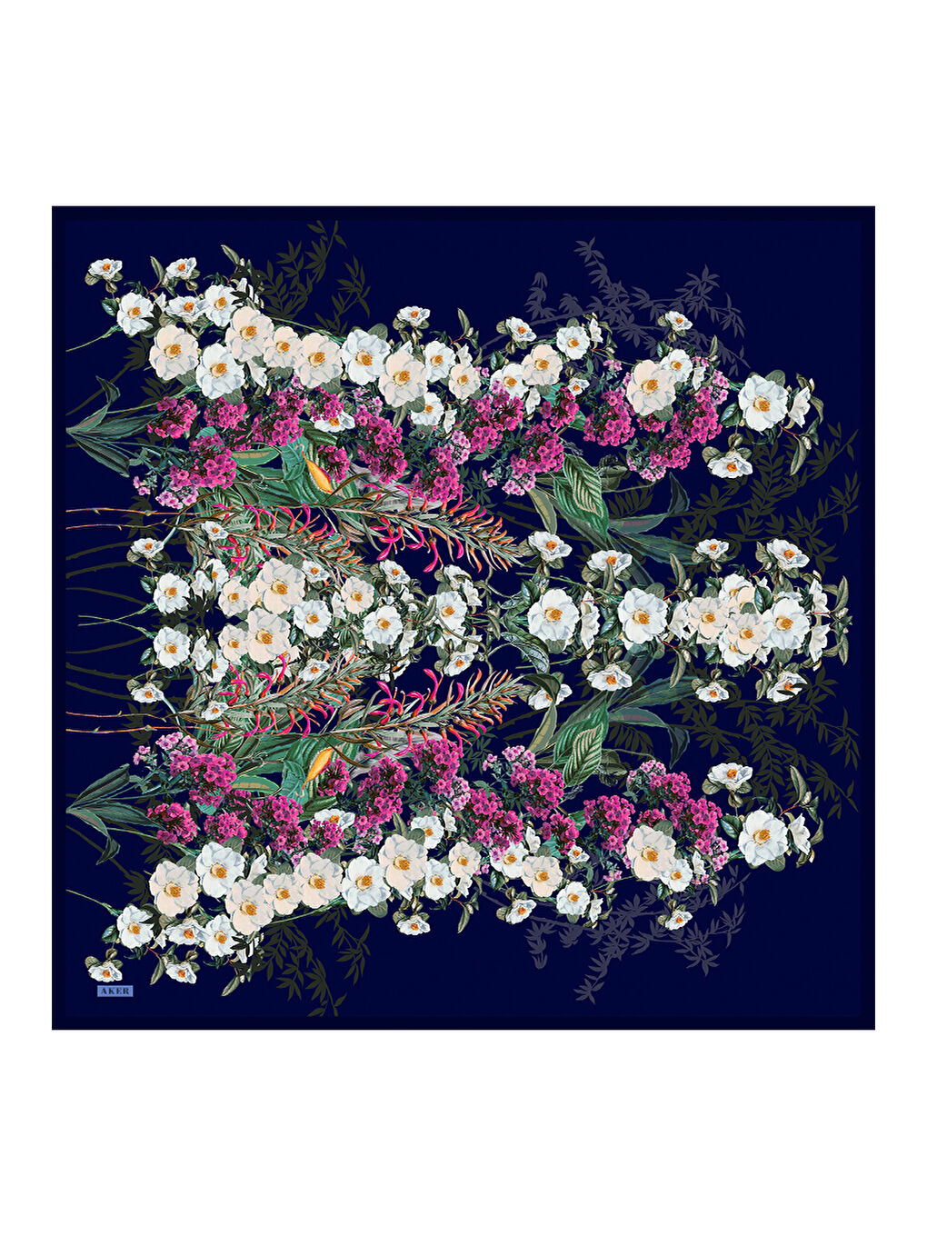 Lacivert Fırça Desenli İpek Krep Saten Eşarp