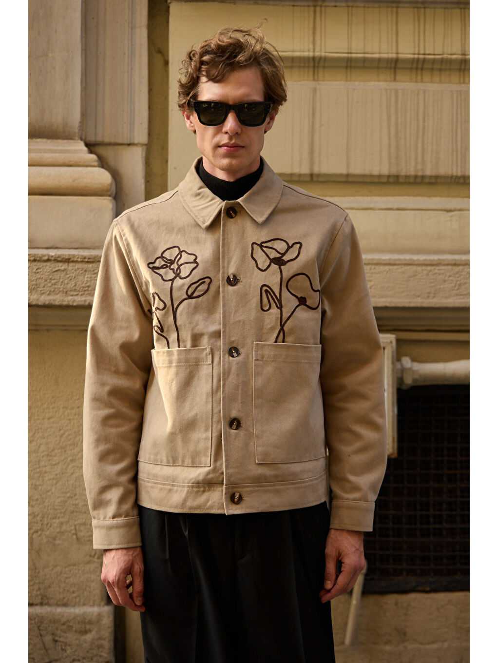 Erkek Çiçek Desenli Ceket Bej-5