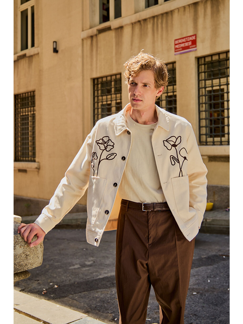 Erkek Çiçek Desenli %100 Pamuk Ceket Ekru