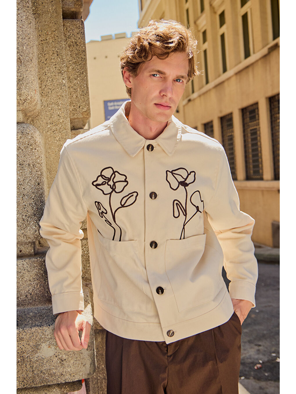 Erkek Çiçek Desenli %100 Pamuk Ceket Ekru-1