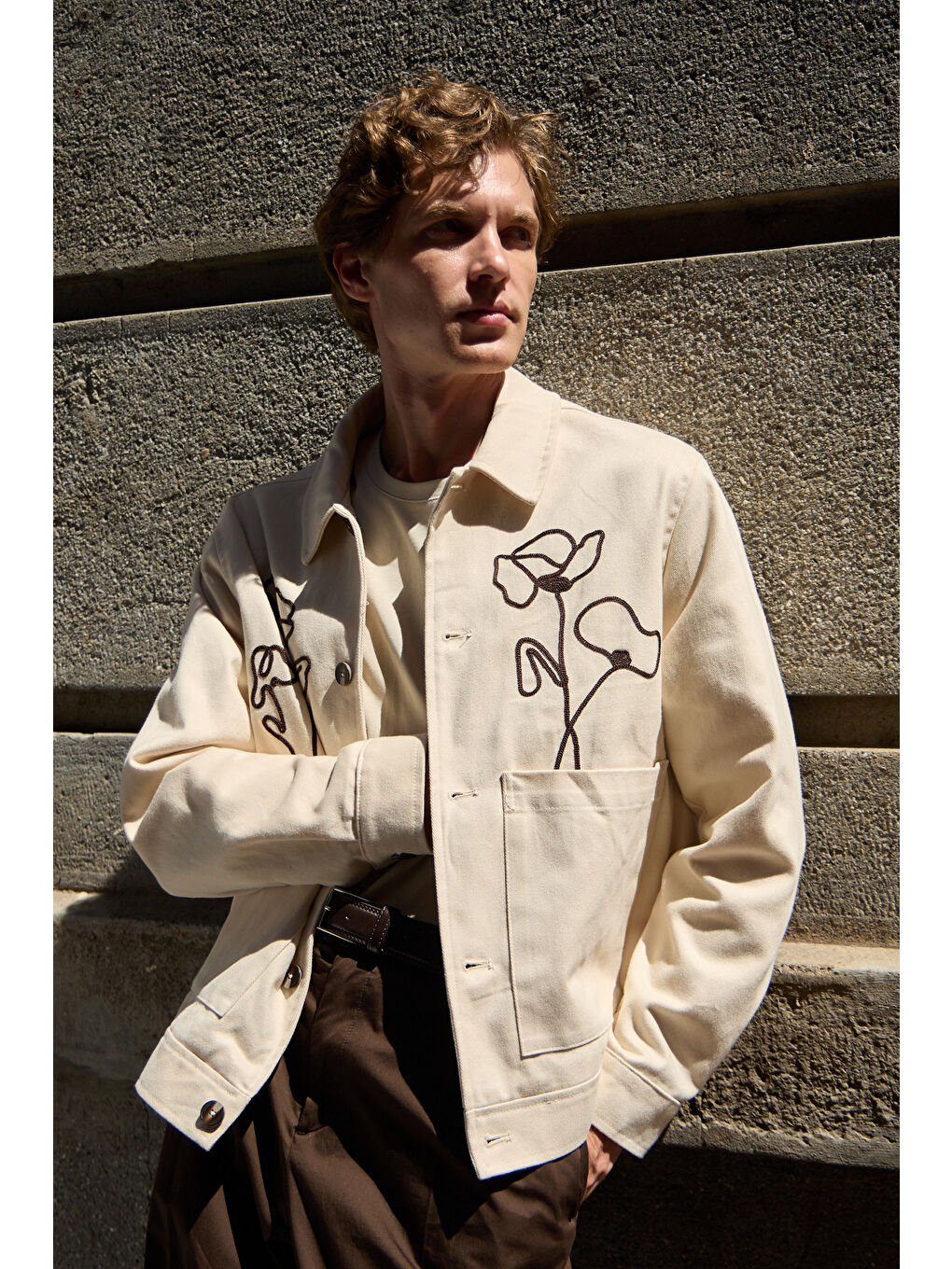 Erkek Çiçek Desenli %100 Pamuk Ceket Ekru-2