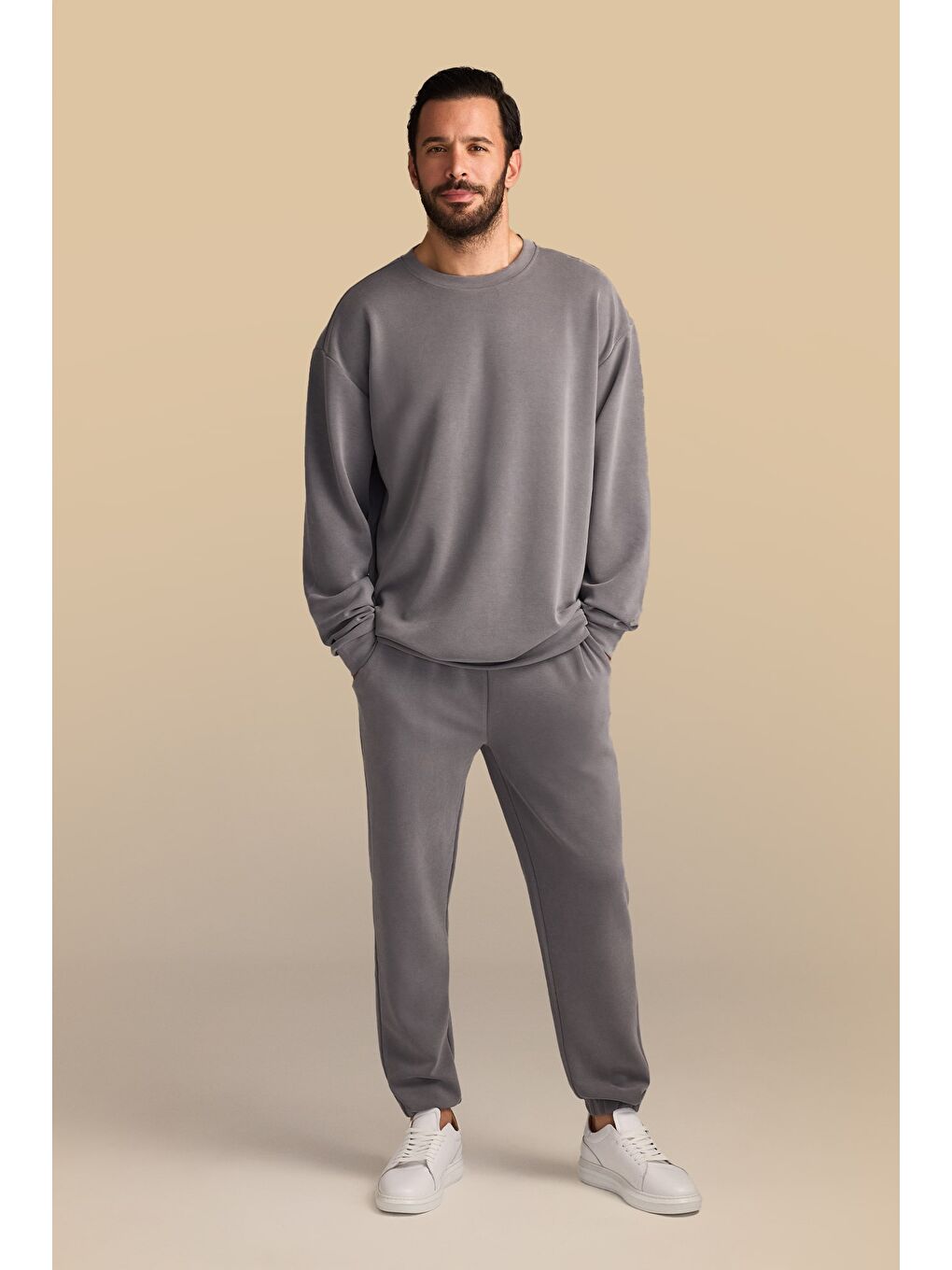 Antrasit Uzun Kol Bisiklet Yaka 2'li Modal Eşofman Takımı