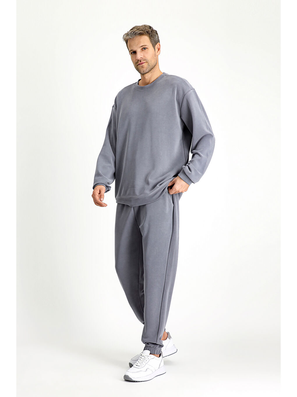 Antrasit Uzun Kol Bisiklet Yaka 2'li Modal Eşofman Takımı-4