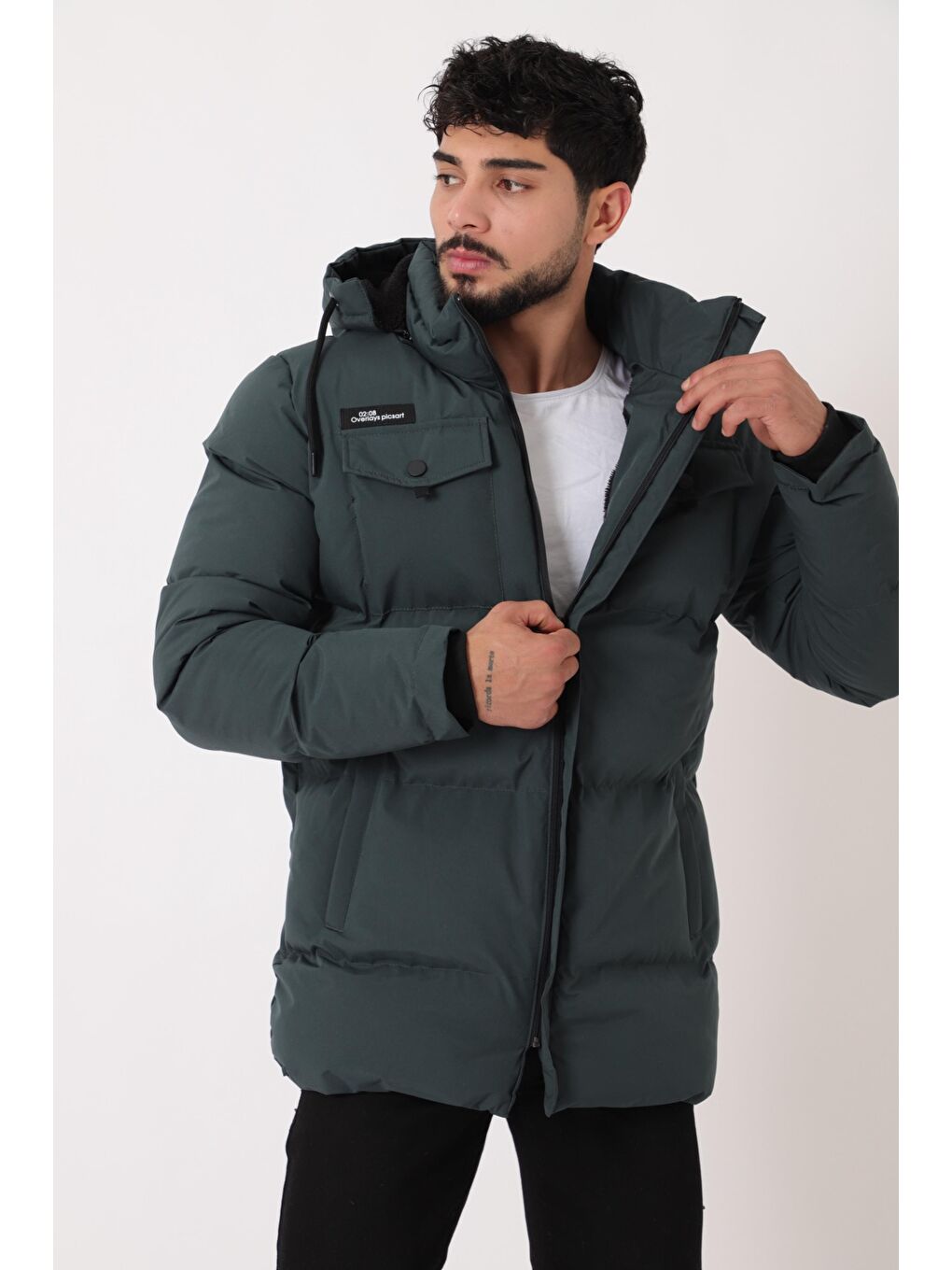 Petrol Göğüs Cepli İçi Kürklü Uzun Şişme Mont PLDP 2957_50456-1