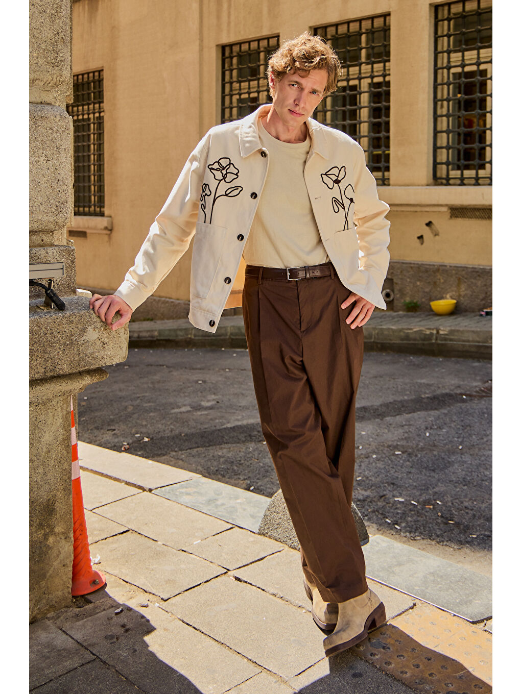 Erkek Çiçek Desenli %100 Pamuk Ceket Ekru-4