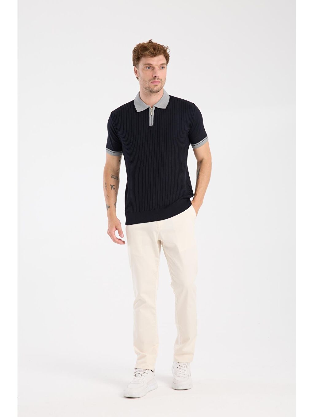 Aclub Echo Örme Kumaş Viskon Karışımlı Slim Fit Lacivert Polo Yaka Erkek Desenli Polo Shirt-1