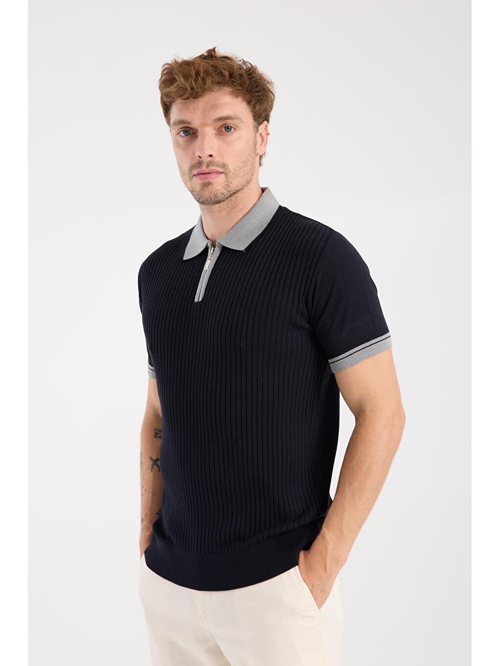 Aclub Echo Örme Kumaş Viskon Karışımlı Slim Fit Lacivert Polo Yaka Erkek Desenli Polo Shirt-2