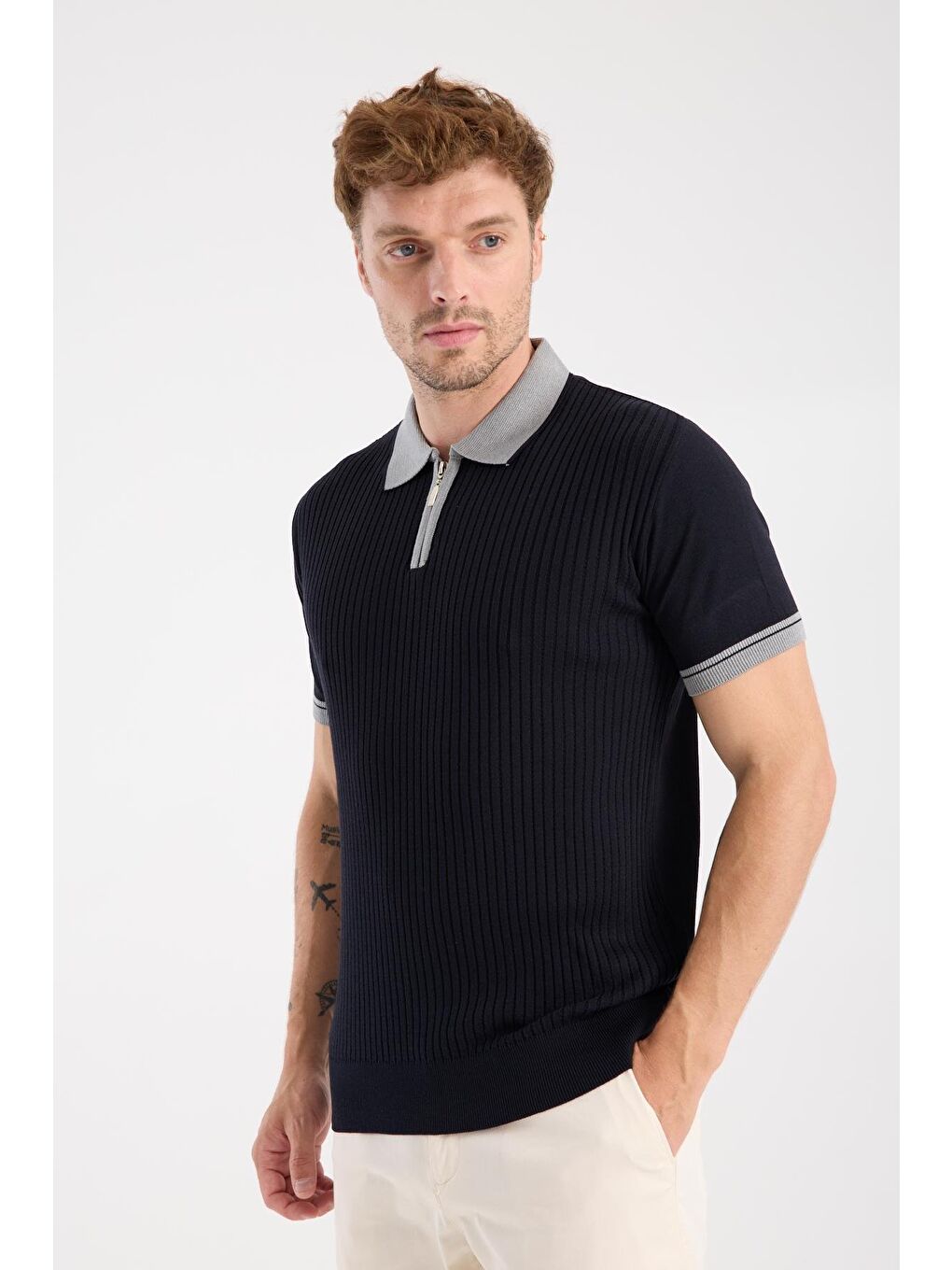 Aclub Echo Örme Kumaş Viskon Karışımlı Slim Fit Lacivert Polo Yaka Erkek Desenli Polo Shirt-3