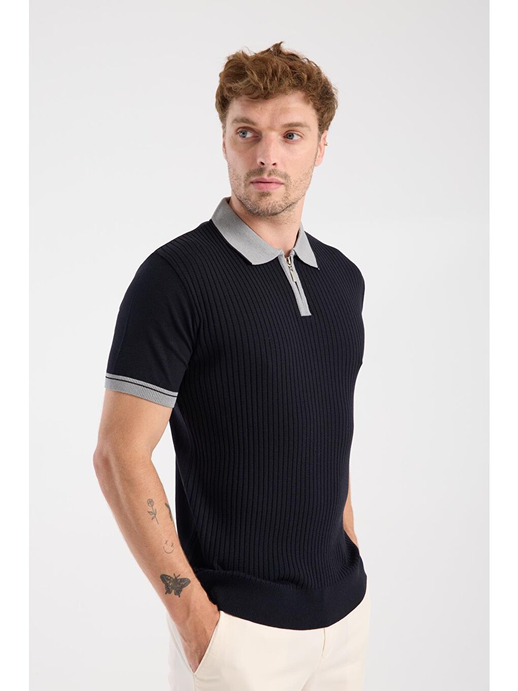Aclub Echo Örme Kumaş Viskon Karışımlı Slim Fit Lacivert Polo Yaka Erkek Desenli Polo Shirt-5