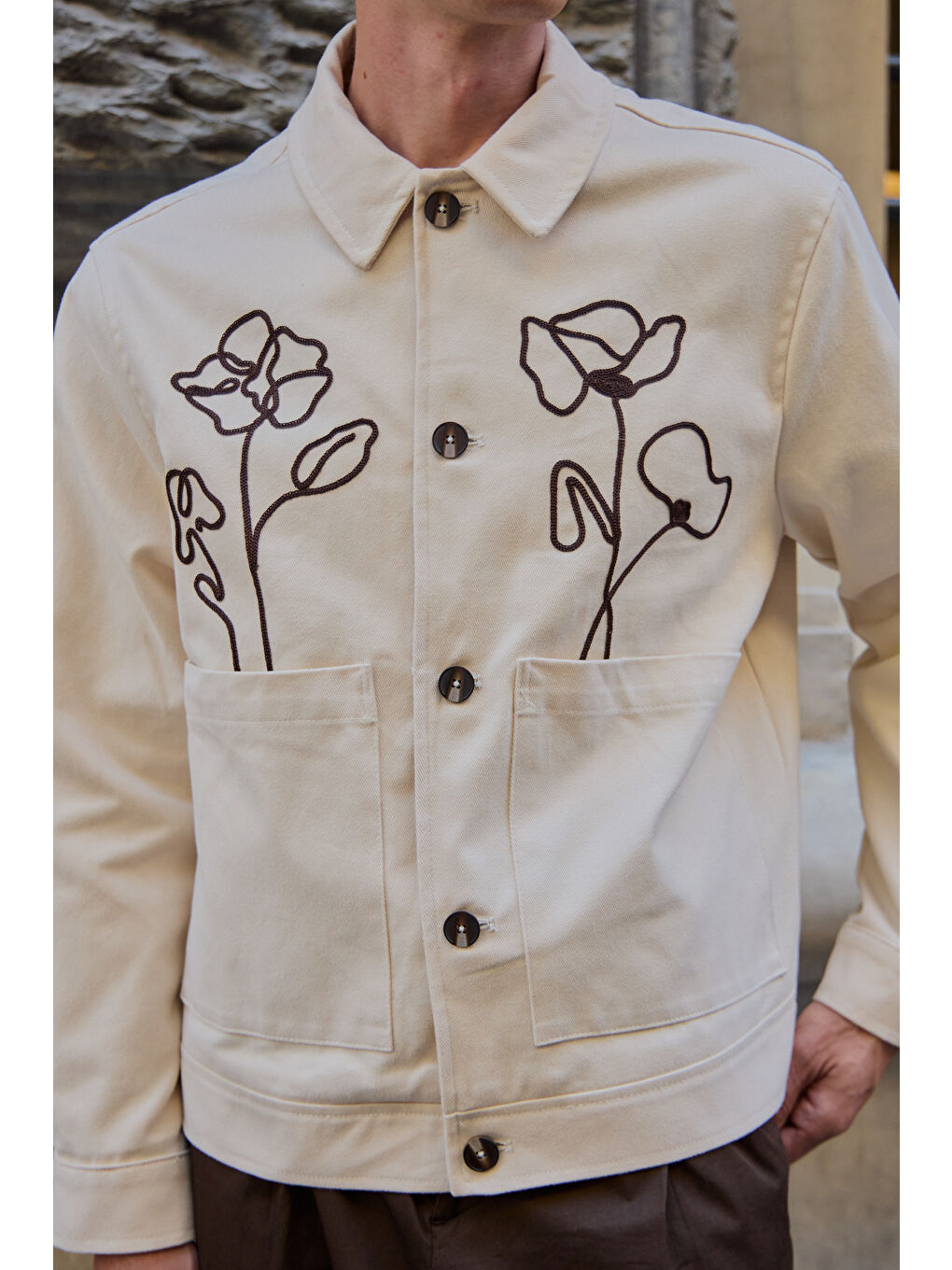 Erkek Çiçek Desenli %100 Pamuk Ceket Ekru-5