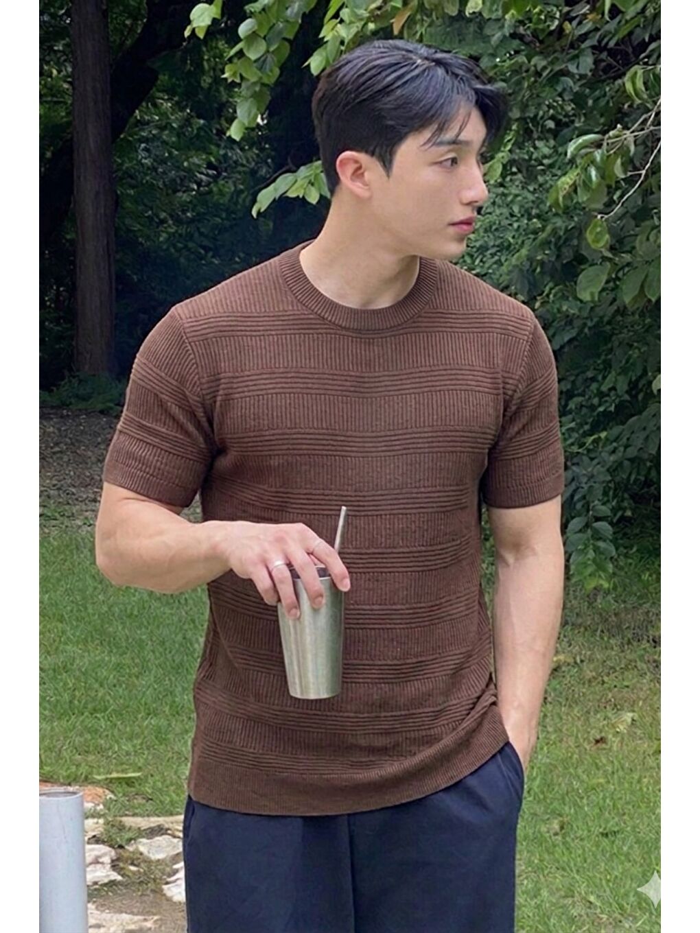 Kahverengi Fitilli Triko Tişört Erkek Slim Fit Yazlık Premium Basic Üst