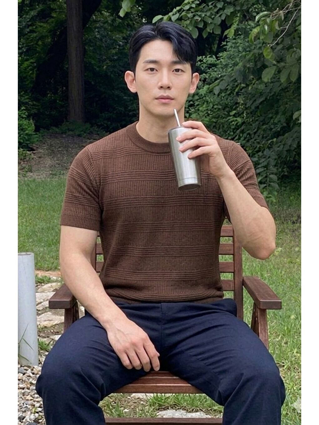 Kahverengi Fitilli Triko Tişört Erkek Slim Fit Yazlık Premium Basic Üst-1