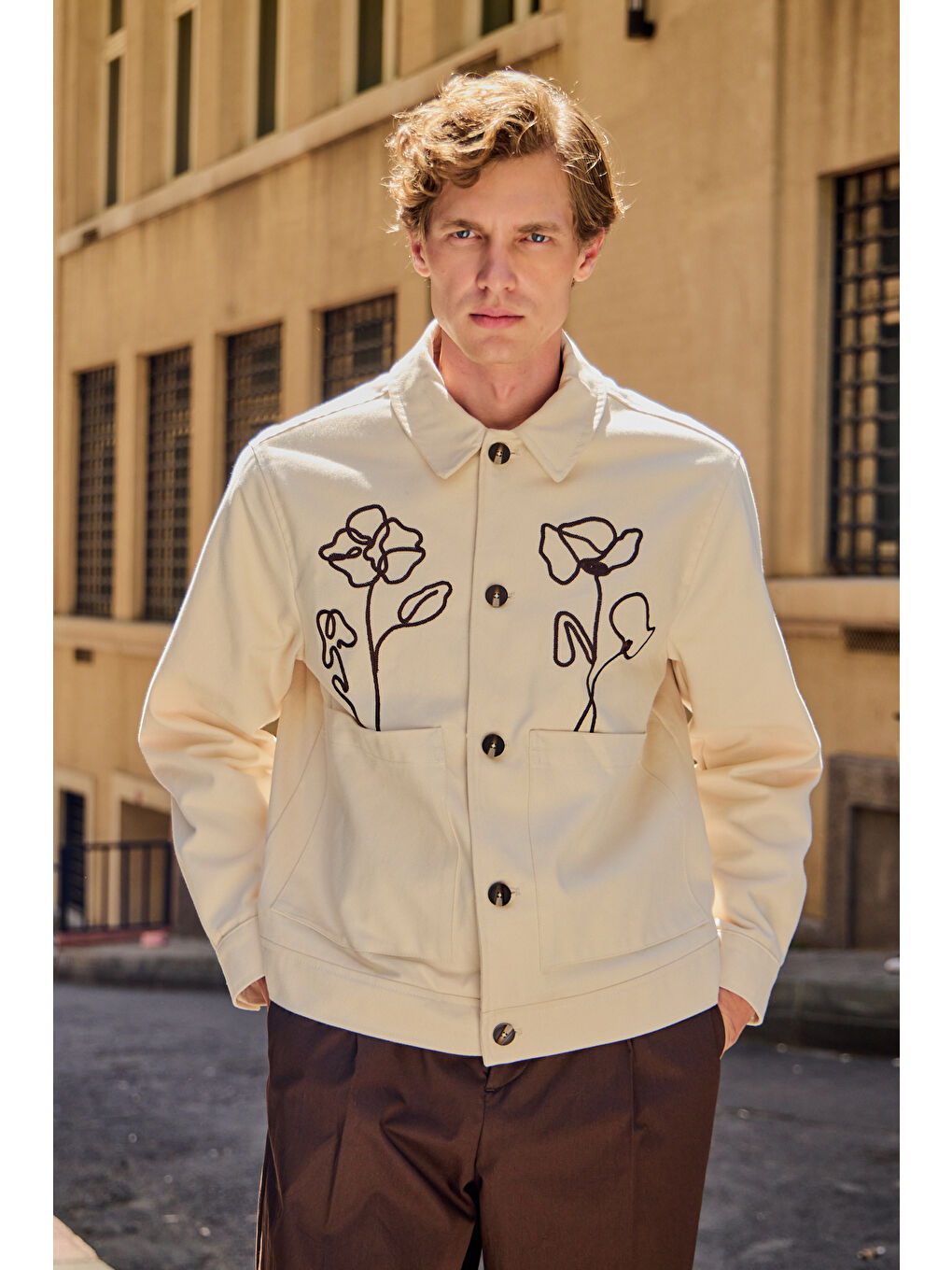 Erkek Çiçek Desenli %100 Pamuk Ceket Ekru-6