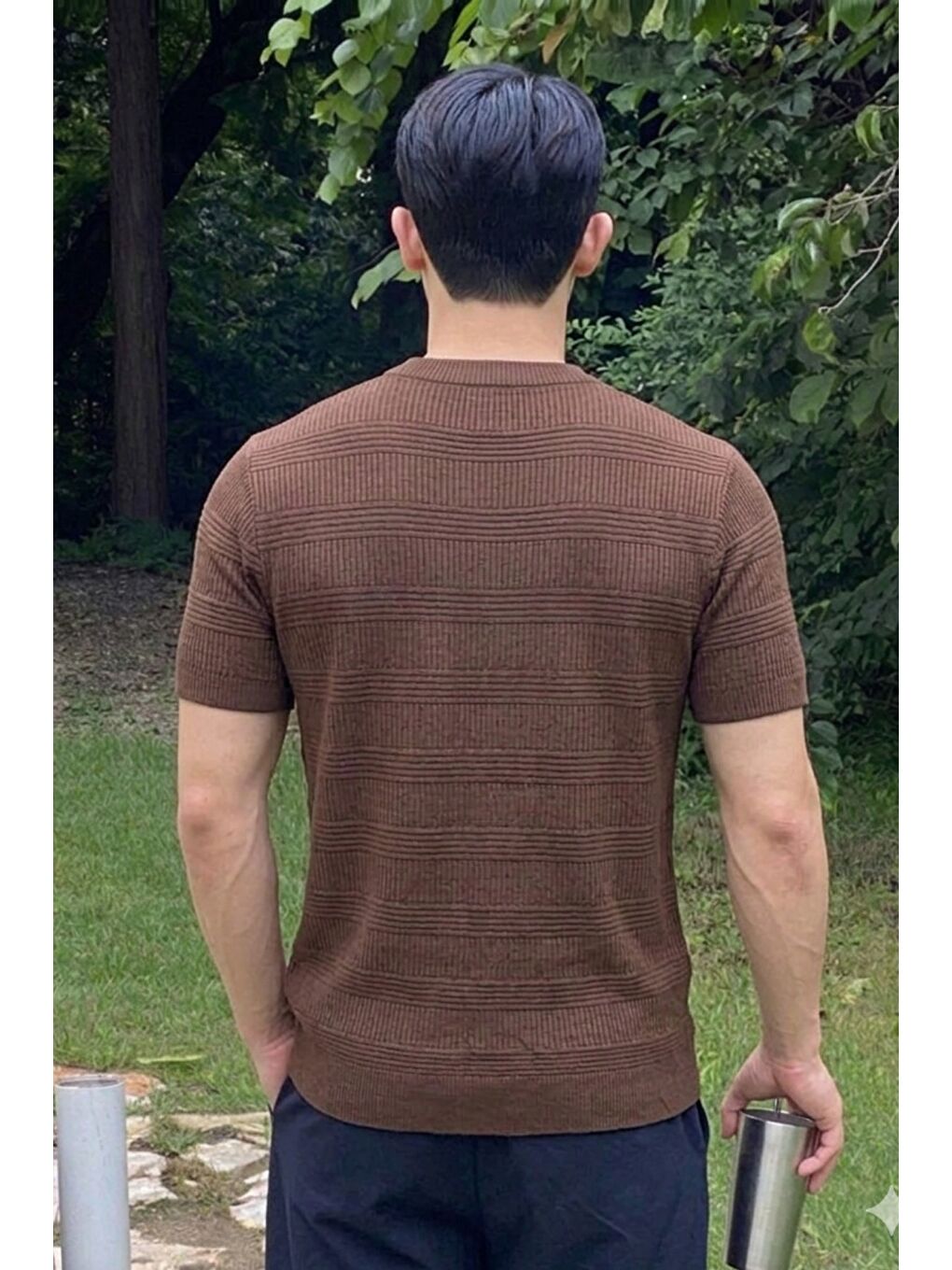 Kahverengi Fitilli Triko Tişört Erkek Slim Fit Yazlık Premium Basic Üst-2