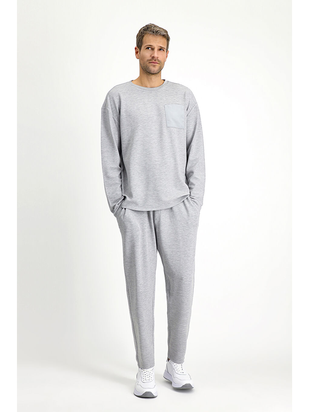 Gri Uzun Kol Bisiklet Yaka 3'lü Şortlu Pijama Seti