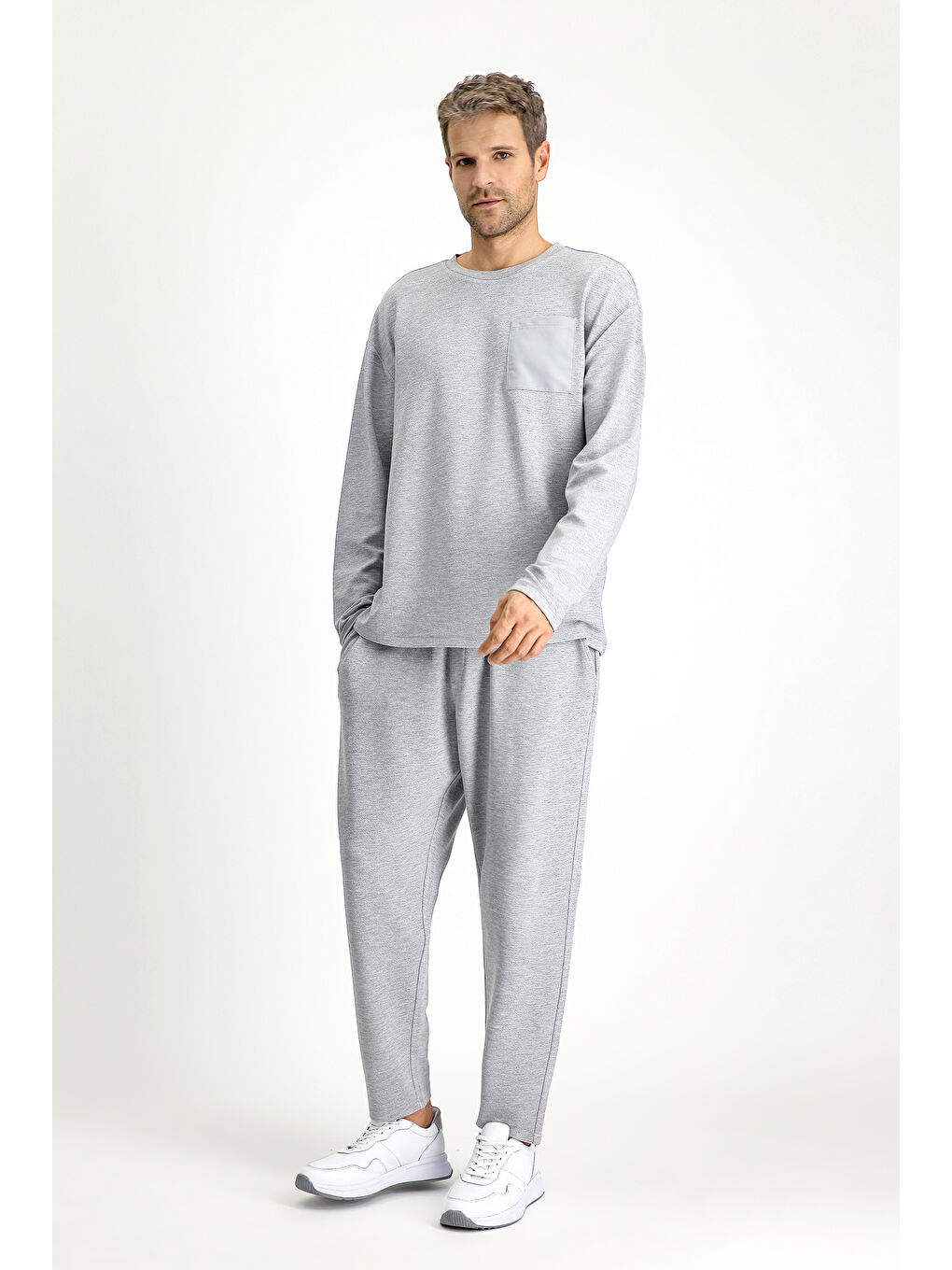 Gri Uzun Kol Bisiklet Yaka 3'lü Şortlu Pijama Seti-1