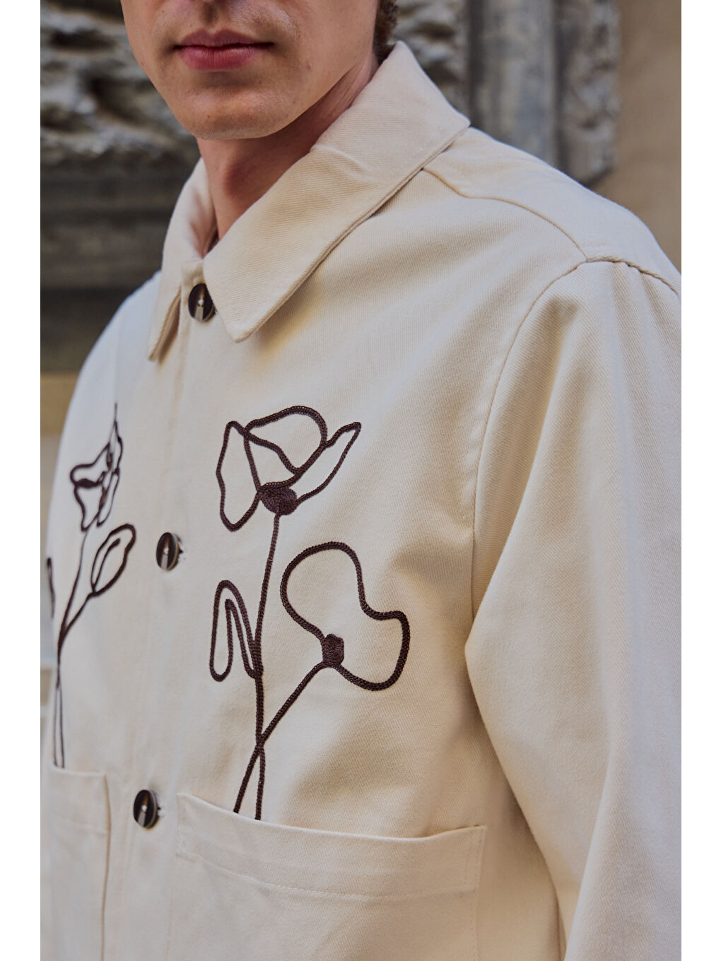 Erkek Çiçek Desenli %100 Pamuk Ceket Ekru-7