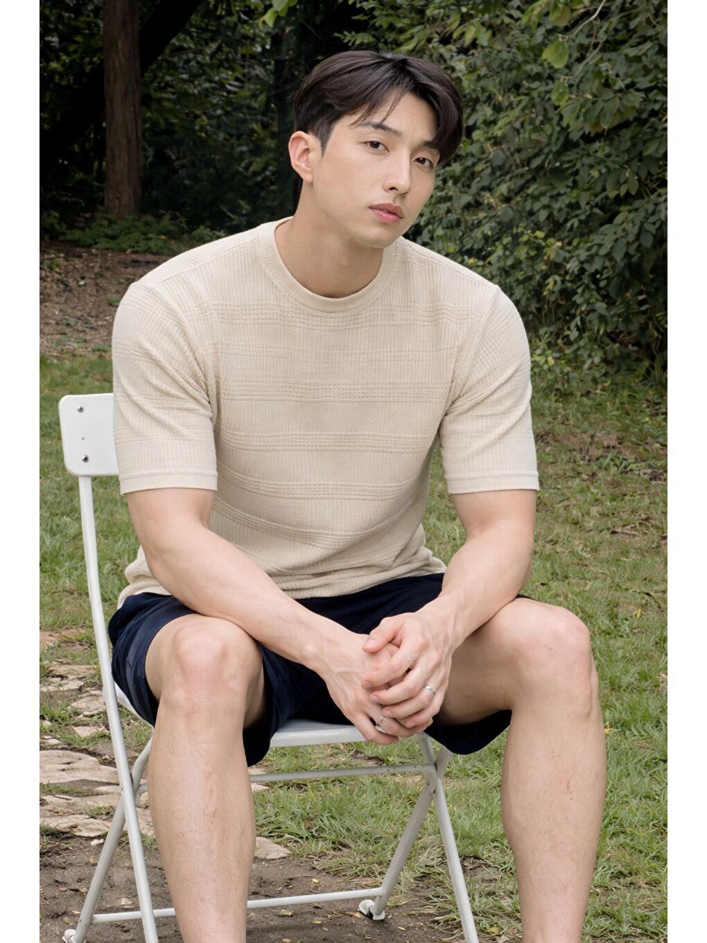 Bej Fitilli Triko Tişört Erkek Slim Fit Yazlık Premium Basic Üst-1