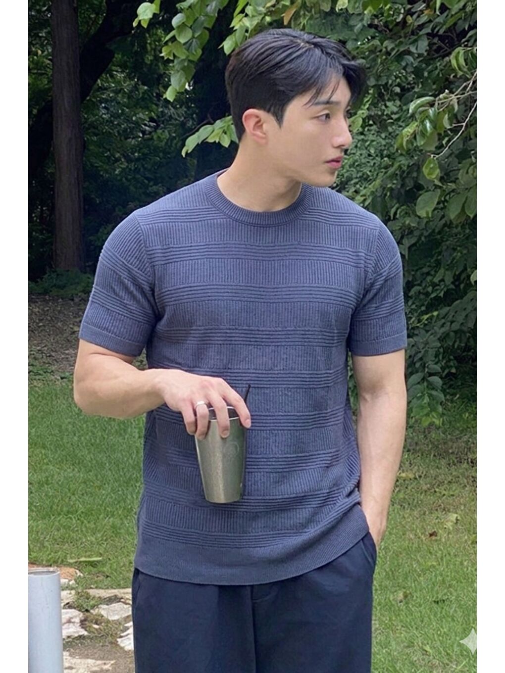 Lacivert Fitilli Triko Tişört Erkek Slim Fit Yazlık Premium Basic Üst