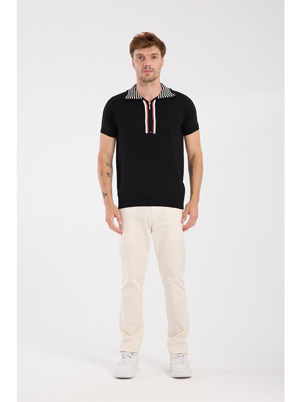 Aclub Foxtrot Örme Kumaş Viskon Karışımlı Slim Fit Siyah Dik Yaka Erkek Düz Polo Shirt