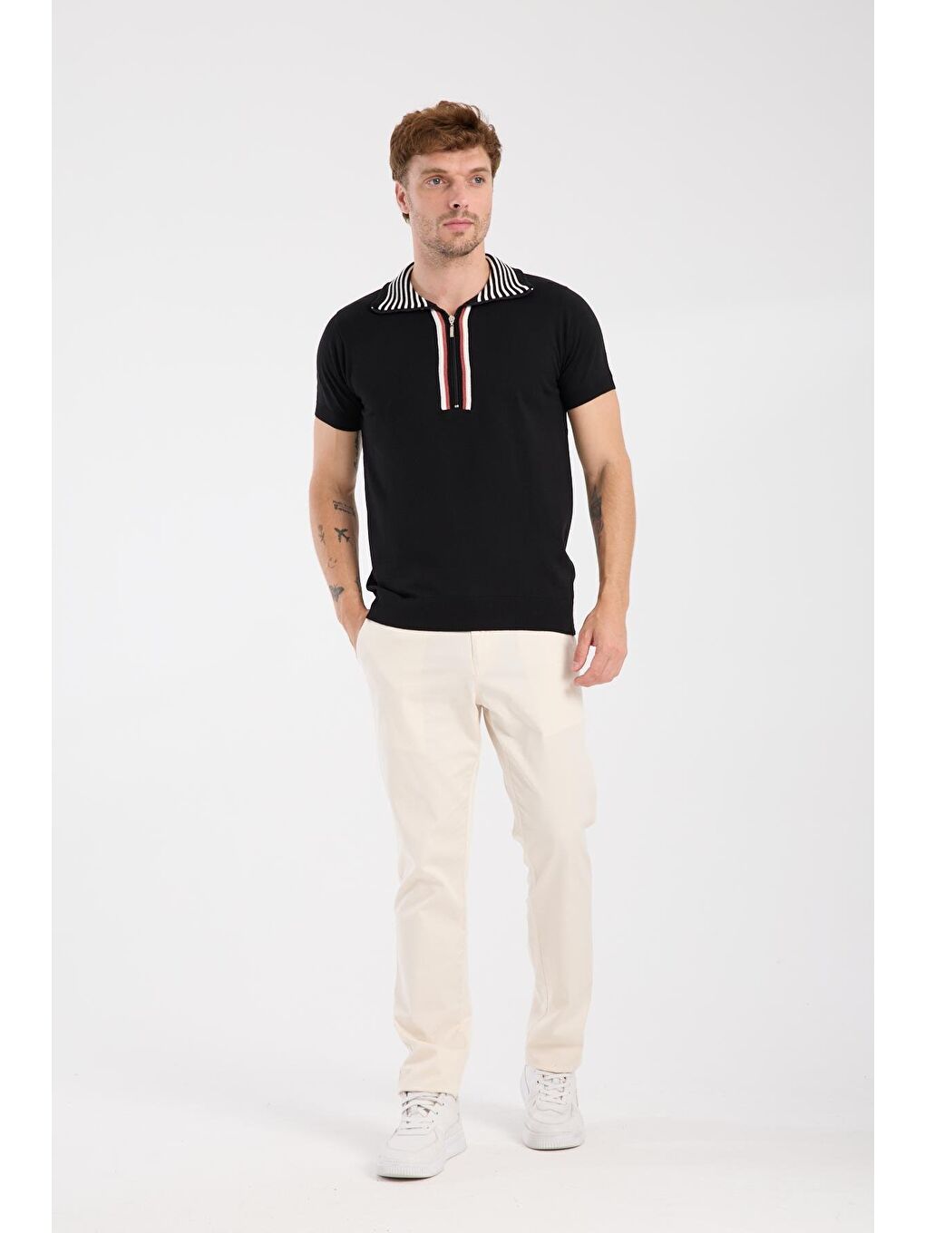 Aclub Foxtrot Örme Kumaş Viskon Karışımlı Slim Fit Siyah Dik Yaka Erkek Düz Polo Shirt-1