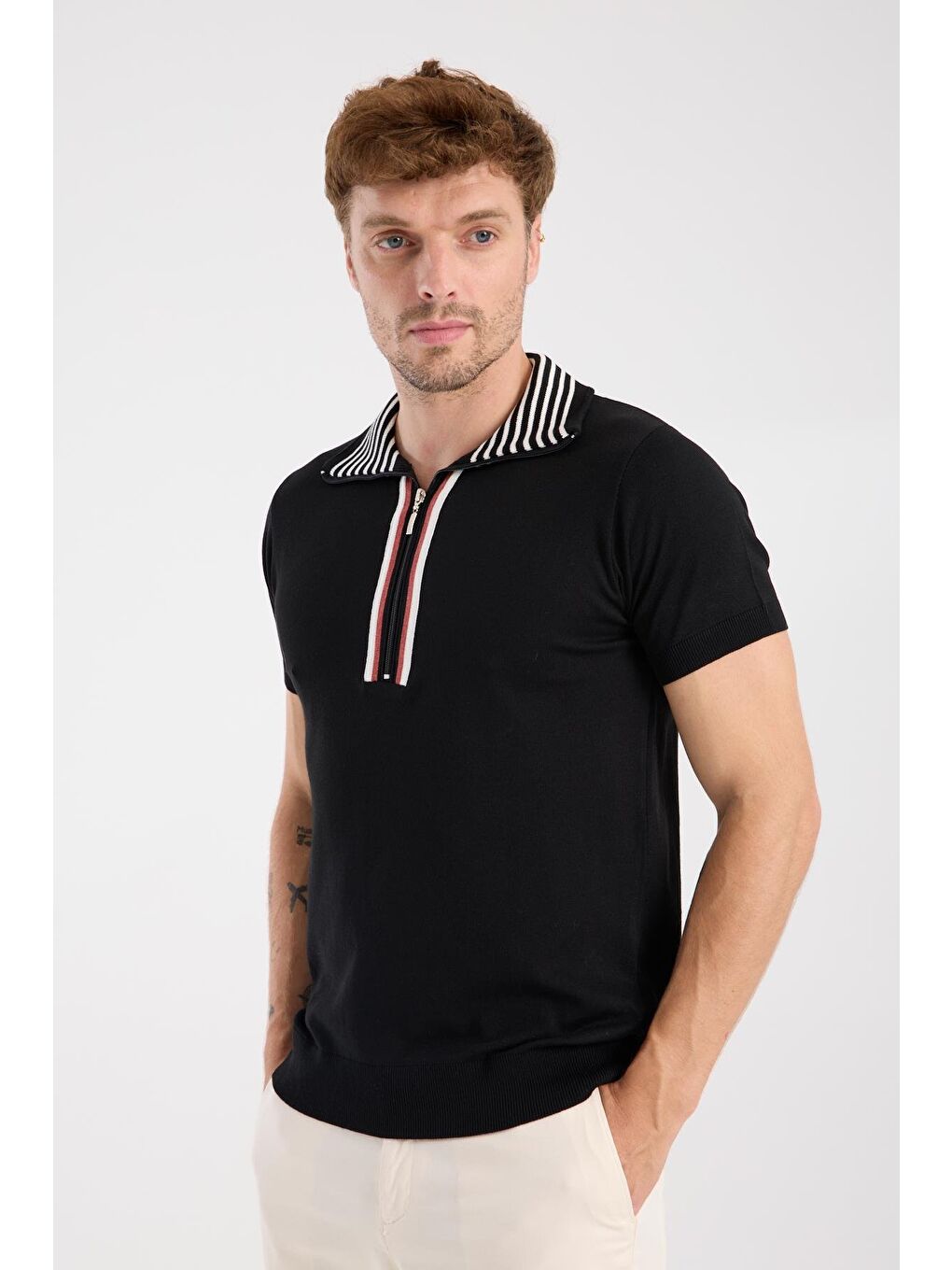 Aclub Foxtrot Örme Kumaş Viskon Karışımlı Slim Fit Siyah Dik Yaka Erkek Düz Polo Shirt-2