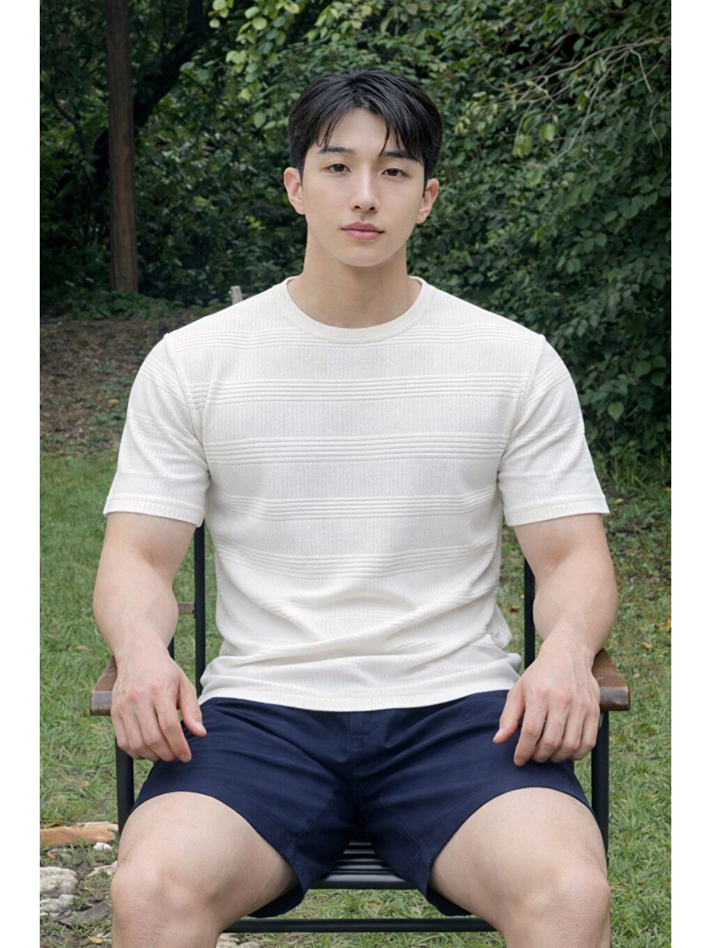 Beyaz Fitilli Triko Tişört Erkek Slim Fit Yazlık Premium Basic Üst-1