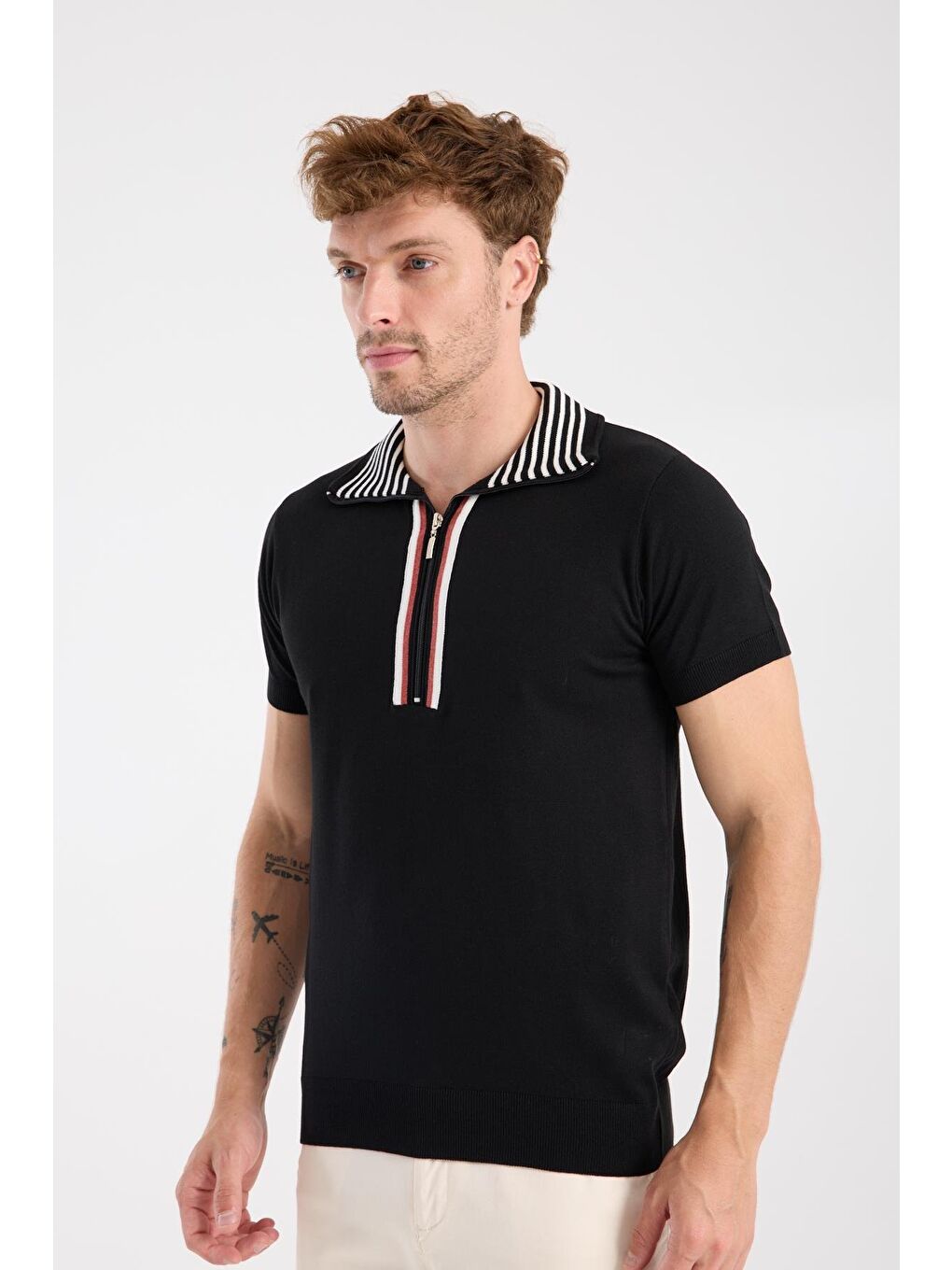 Aclub Foxtrot Örme Kumaş Viskon Karışımlı Slim Fit Siyah Dik Yaka Erkek Düz Polo Shirt-3