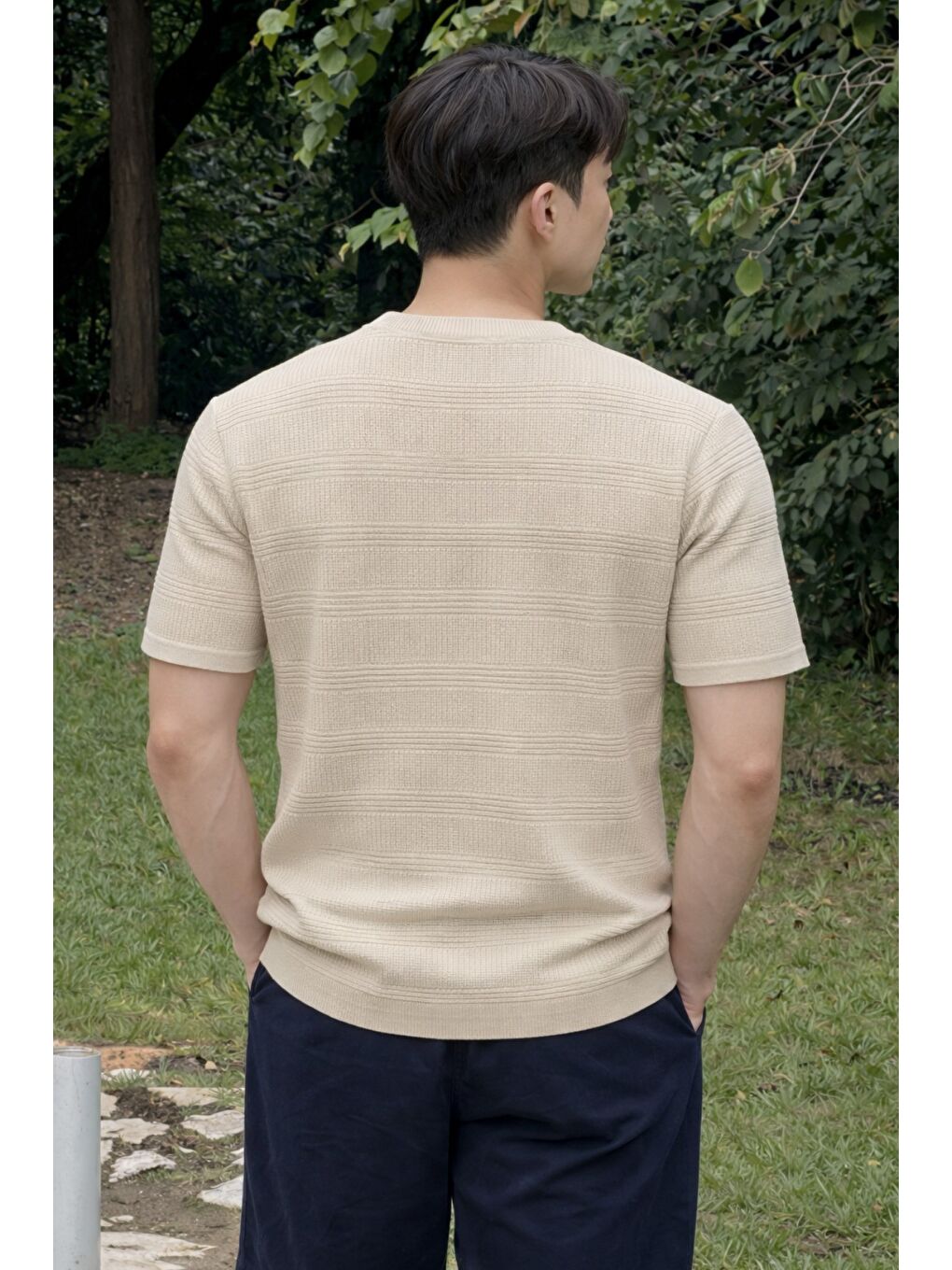 Bej Fitilli Triko Tişört Erkek Slim Fit Yazlık Premium Basic Üst-2