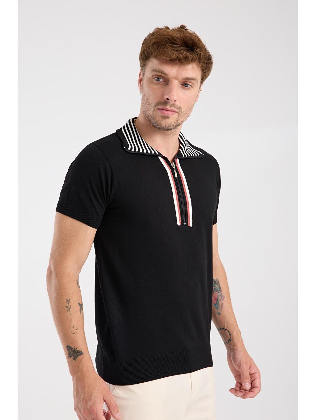 Aclub Foxtrot Örme Kumaş Viskon Karışımlı Slim Fit Siyah Dik Yaka Erkek Düz Polo Shirt-4