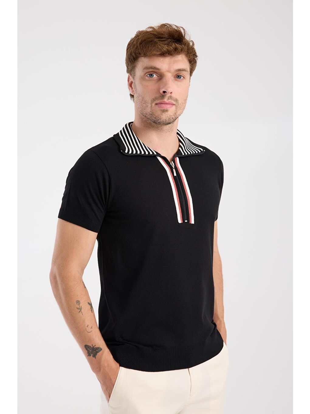 Aclub Foxtrot Örme Kumaş Viskon Karışımlı Slim Fit Siyah Dik Yaka Erkek Düz Polo Shirt-5