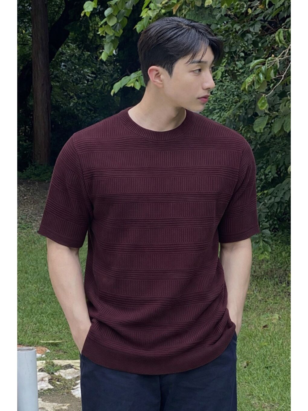 Bordo Fitilli Triko Tişört Erkek Slim Fit Yazlık Premium Basic Üst