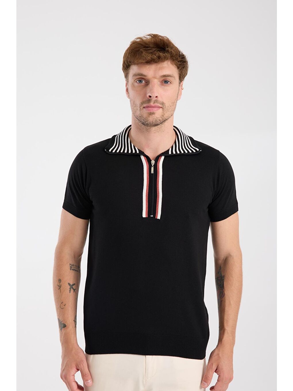 Aclub Foxtrot Örme Kumaş Viskon Karışımlı Slim Fit Siyah Dik Yaka Erkek Düz Polo Shirt-6