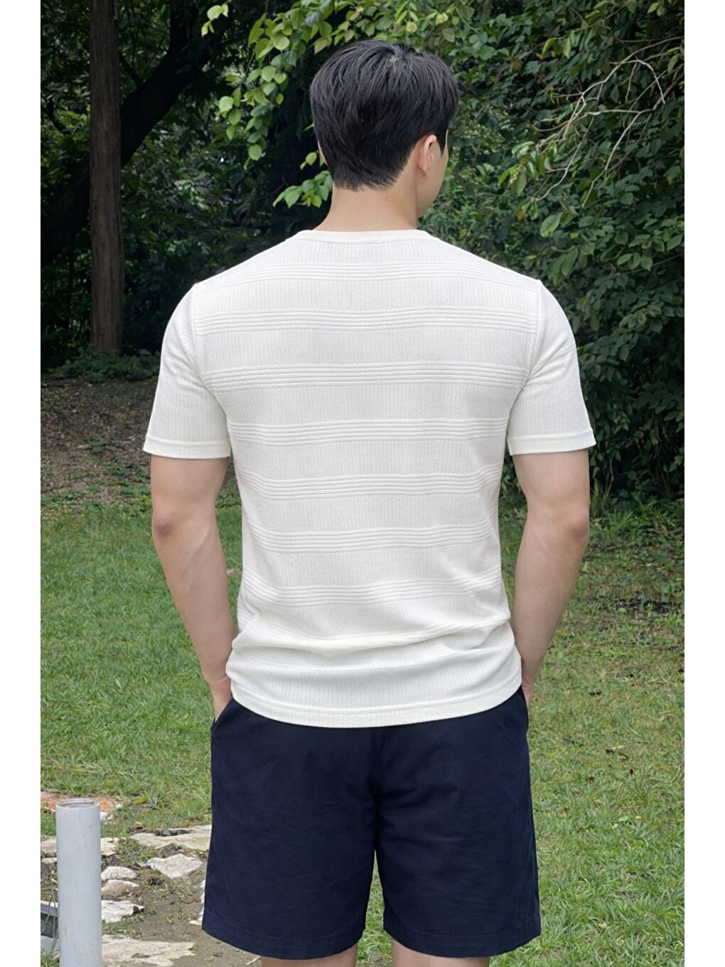 Beyaz Fitilli Triko Tişört Erkek Slim Fit Yazlık Premium Basic Üst-2