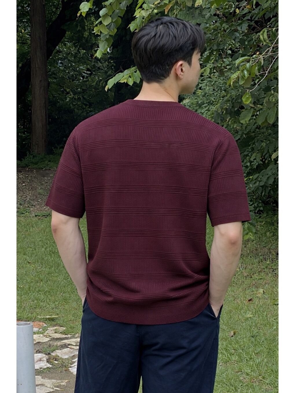 Bordo Fitilli Triko Tişört Erkek Slim Fit Yazlık Premium Basic Üst-2
