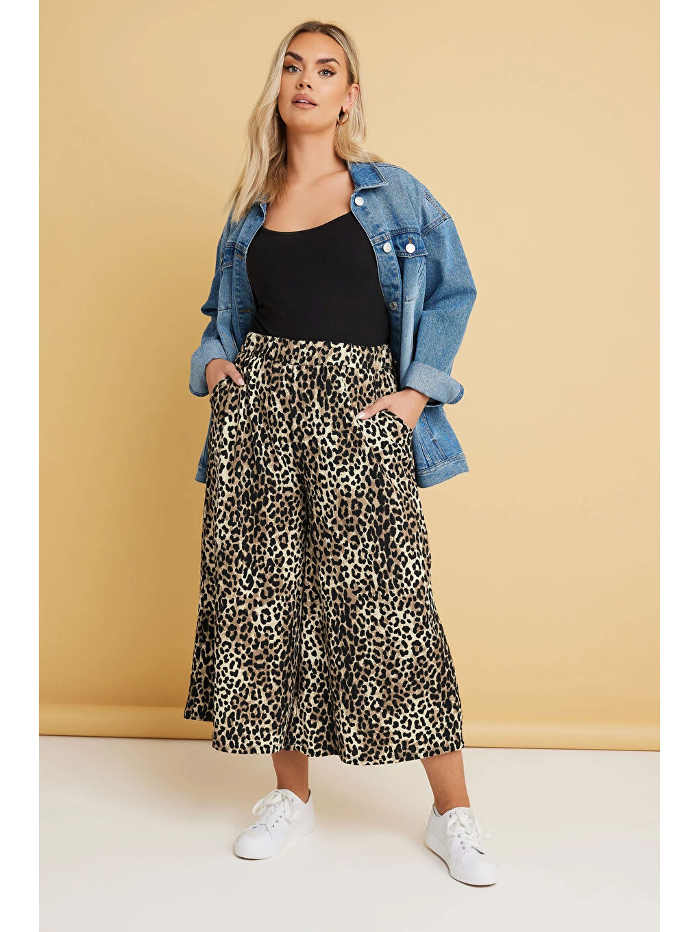 Karışık Büyük Beden Beli Lastikli Cepli Leopar Desenli Midi Bol Paça Pantolon 145267