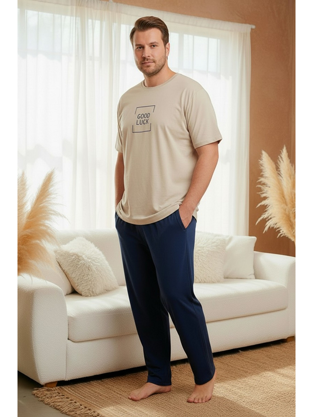 Ekru %100 Pamuklu Kısa Kollu Cepli Büyük Beden Erkek Pijama Takımı 2045-1