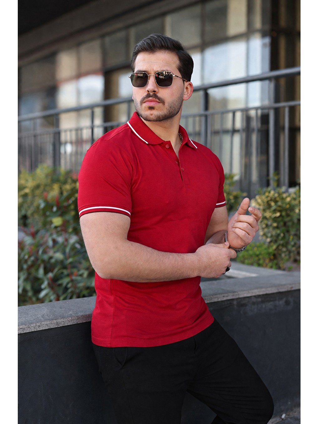 Erkek Günlük Çizgili Pamuklu Kırmızı Polo Yaka Tişört-1
