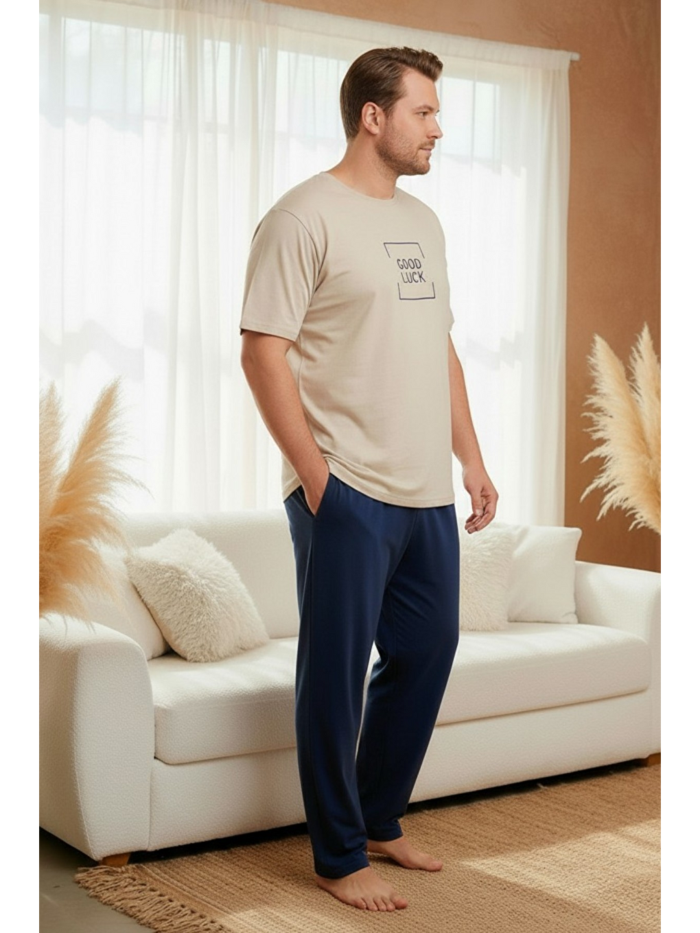 Ekru %100 Pamuklu Kısa Kollu Cepli Büyük Beden Erkek Pijama Takımı 2045-3