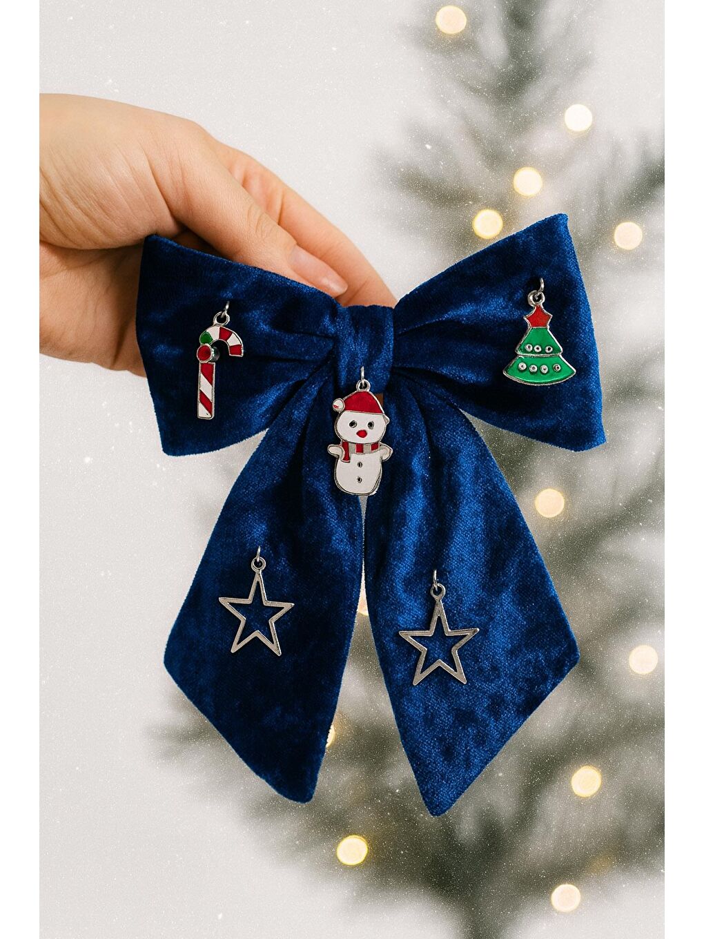 Yılbaşı Charmları Gece Mavisi Kadife Fiyonk Toka-4