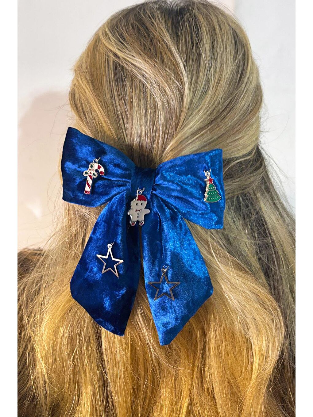 Yılbaşı Charmları Gece Mavisi Kadife Fiyonk Toka-5