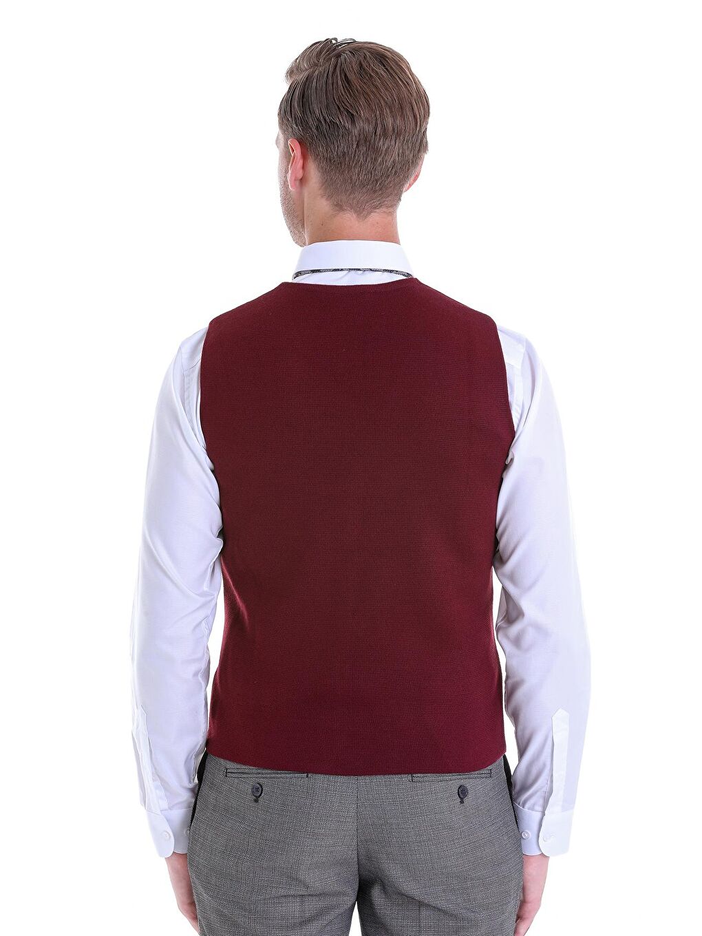 Bordo Comfort Fit Düz V Yaka Yünlü Klasik Triko Yelek-4