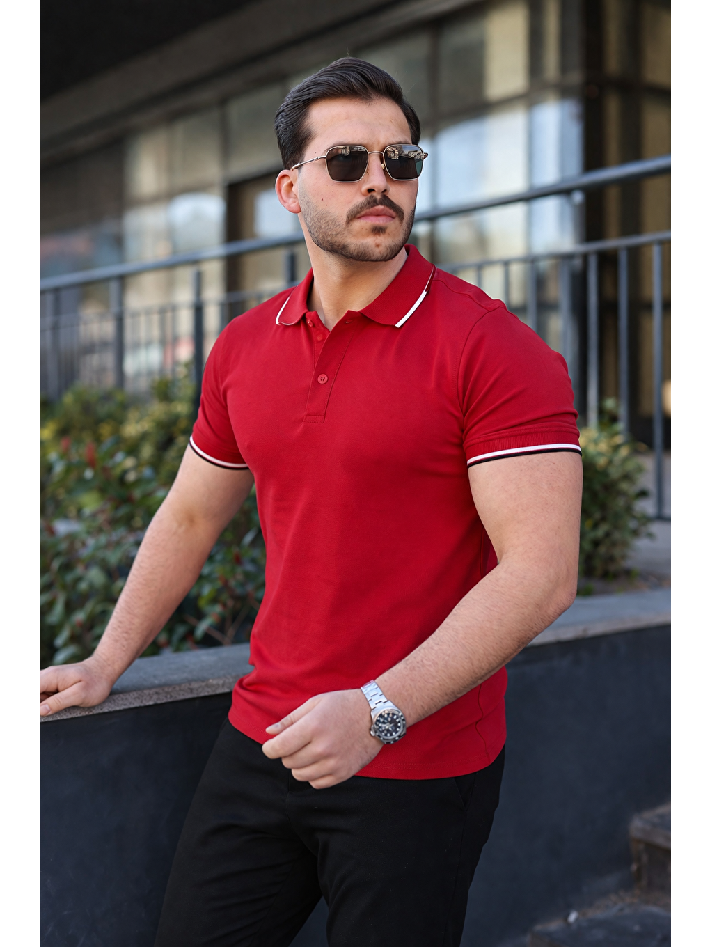 Erkek Günlük Çizgili Pamuklu Kırmızı Polo Yaka Tişört-3