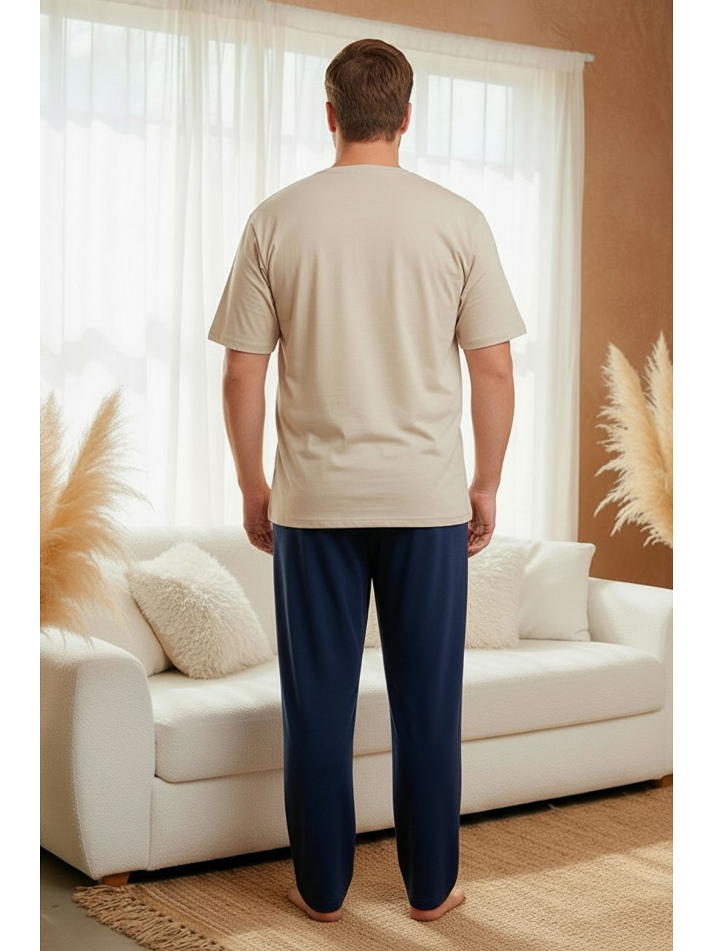 Ekru %100 Pamuklu Kısa Kollu Cepli Büyük Beden Erkek Pijama Takımı 2045-4