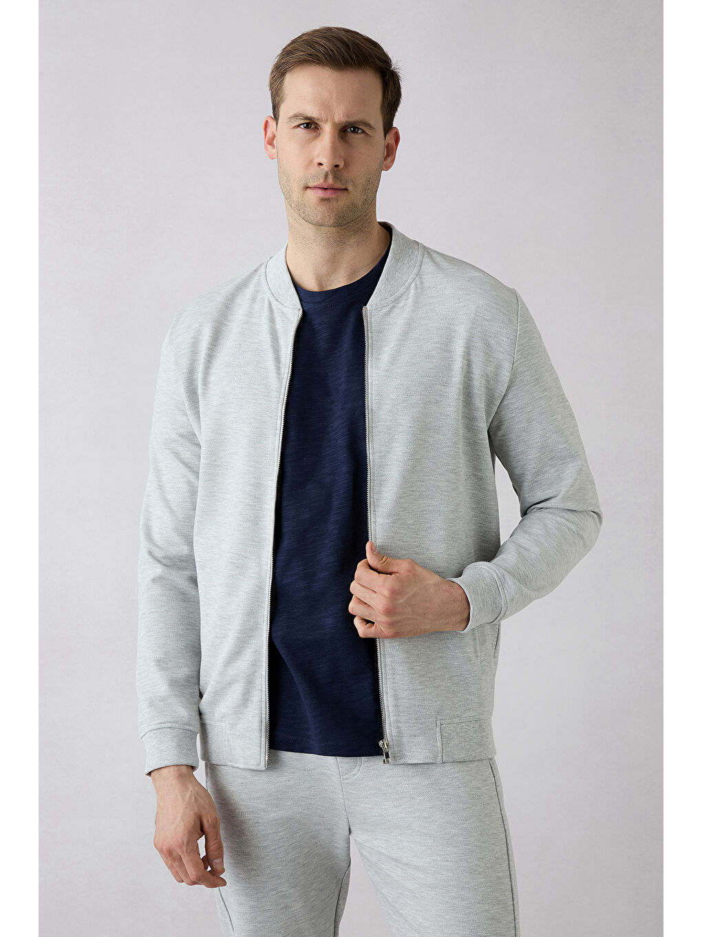 Gri Fermuarlı Esnek Bomber Sweat Hırka-2