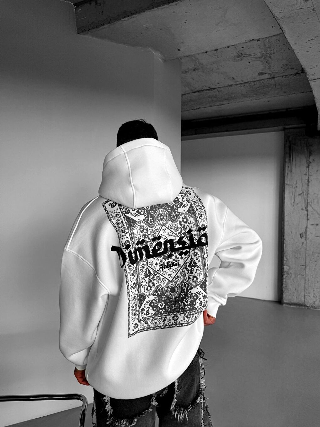 Erkek Oversize Kapüşonlu Baskılı 2'Li Hoodie Gri-Beyaz-3