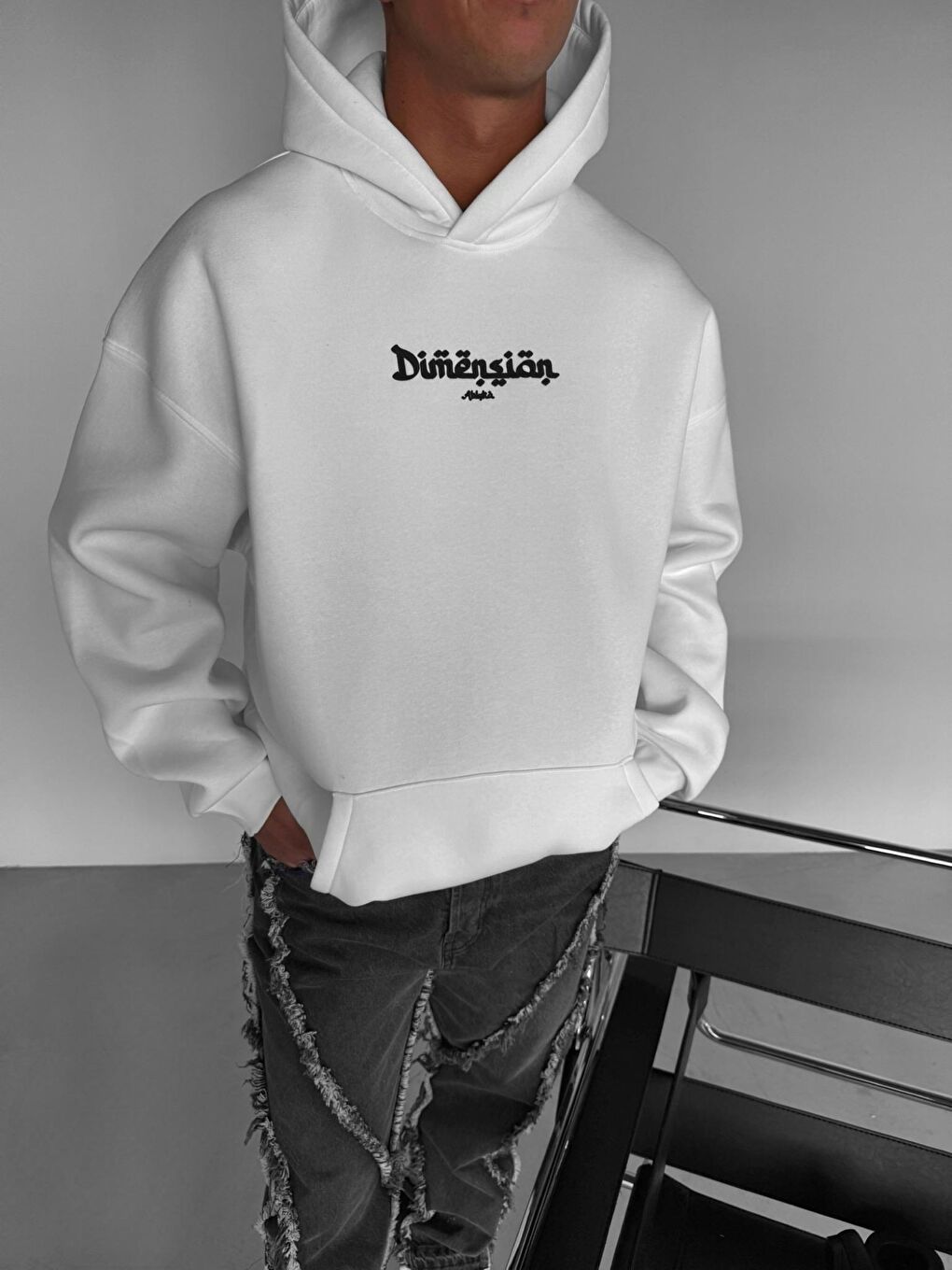 Erkek Oversize Kapüşonlu Baskılı 2'Li Hoodie Gri-Beyaz-4